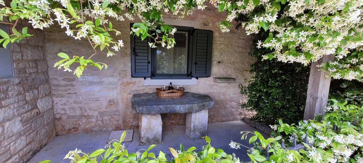 Posest z dvema kamnitima hišama in bazenom